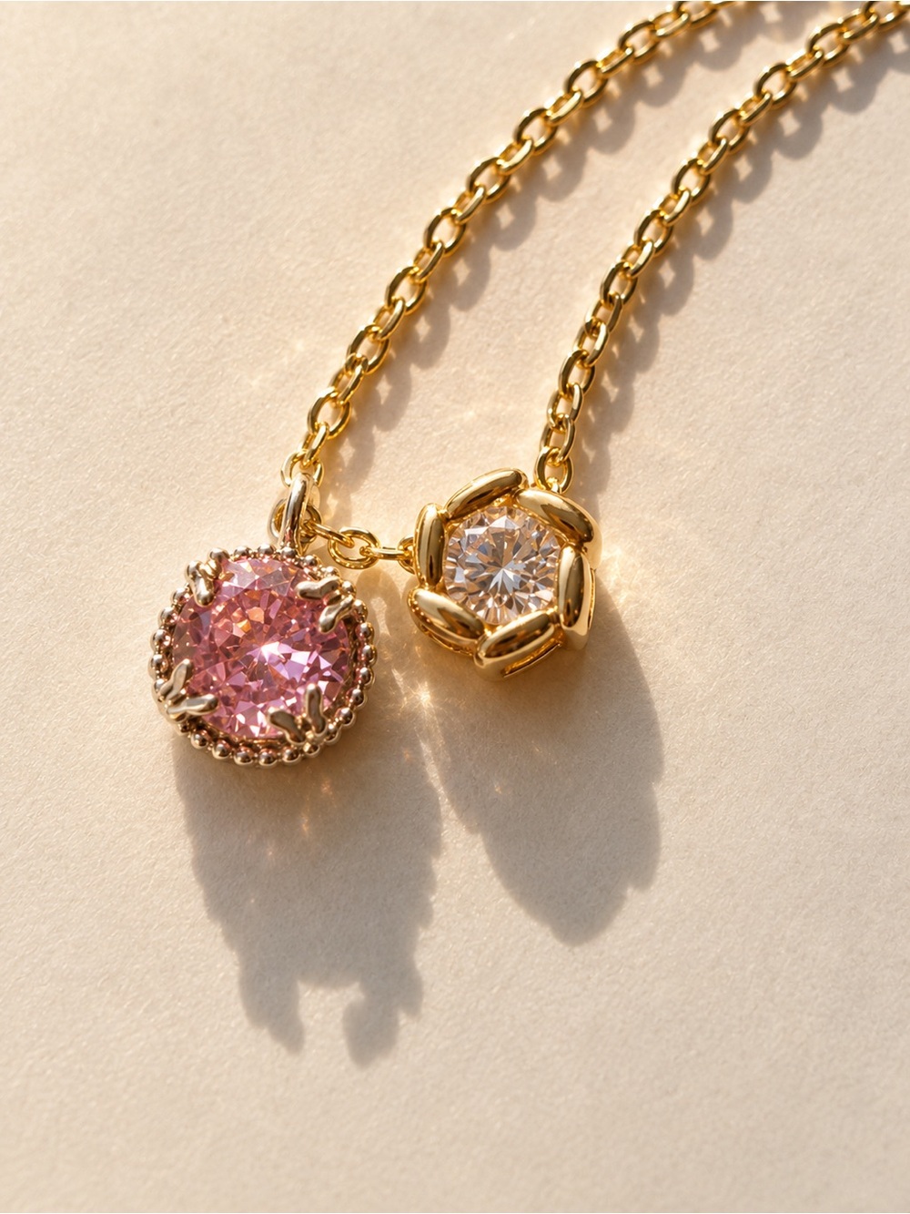 Gold Plated Necklace with Pink and Clear Gemstone Pendants - 18 inches